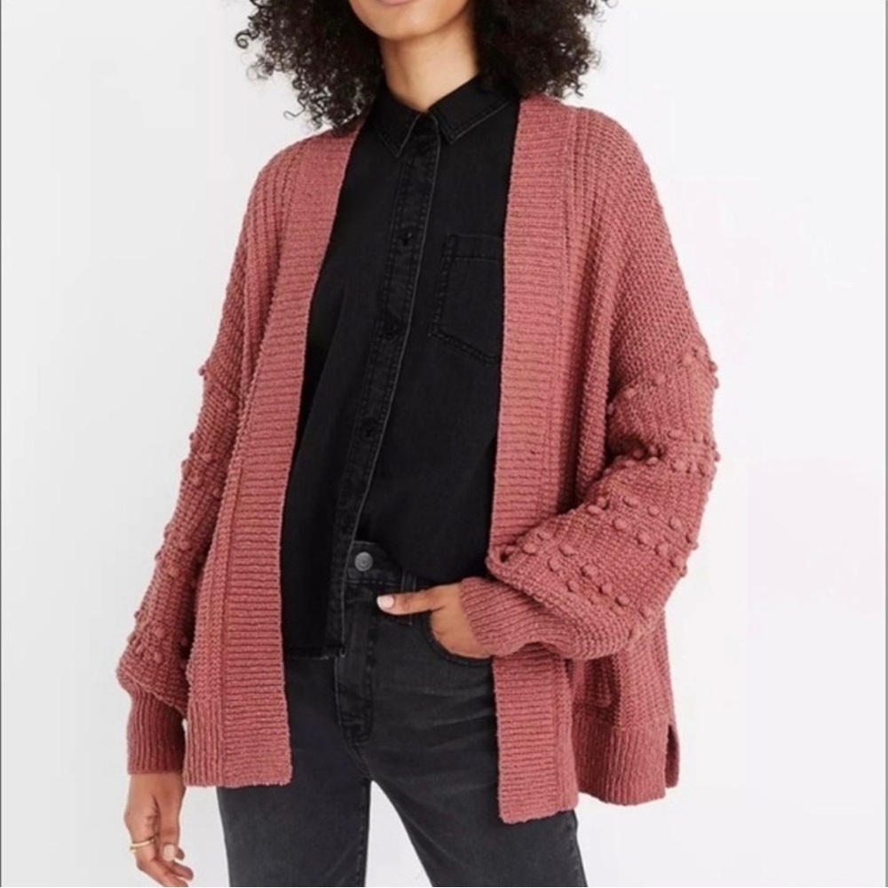 NWT Madewell - bobble cardigan sweater open front chunky knit ribbed trim pink